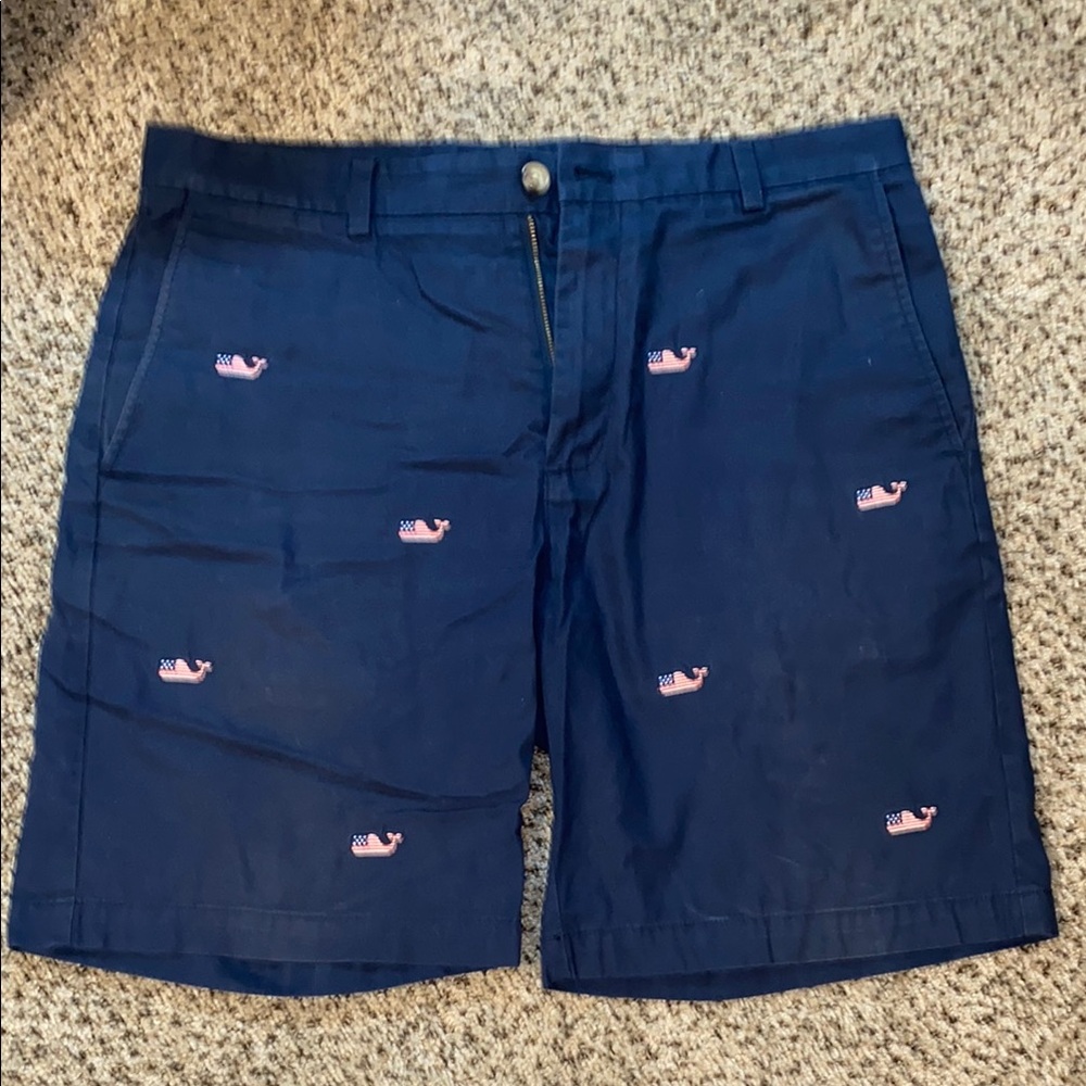 Men’s Vineyard Vines Navy Golf Shorts with American Flag Whale Embroidery